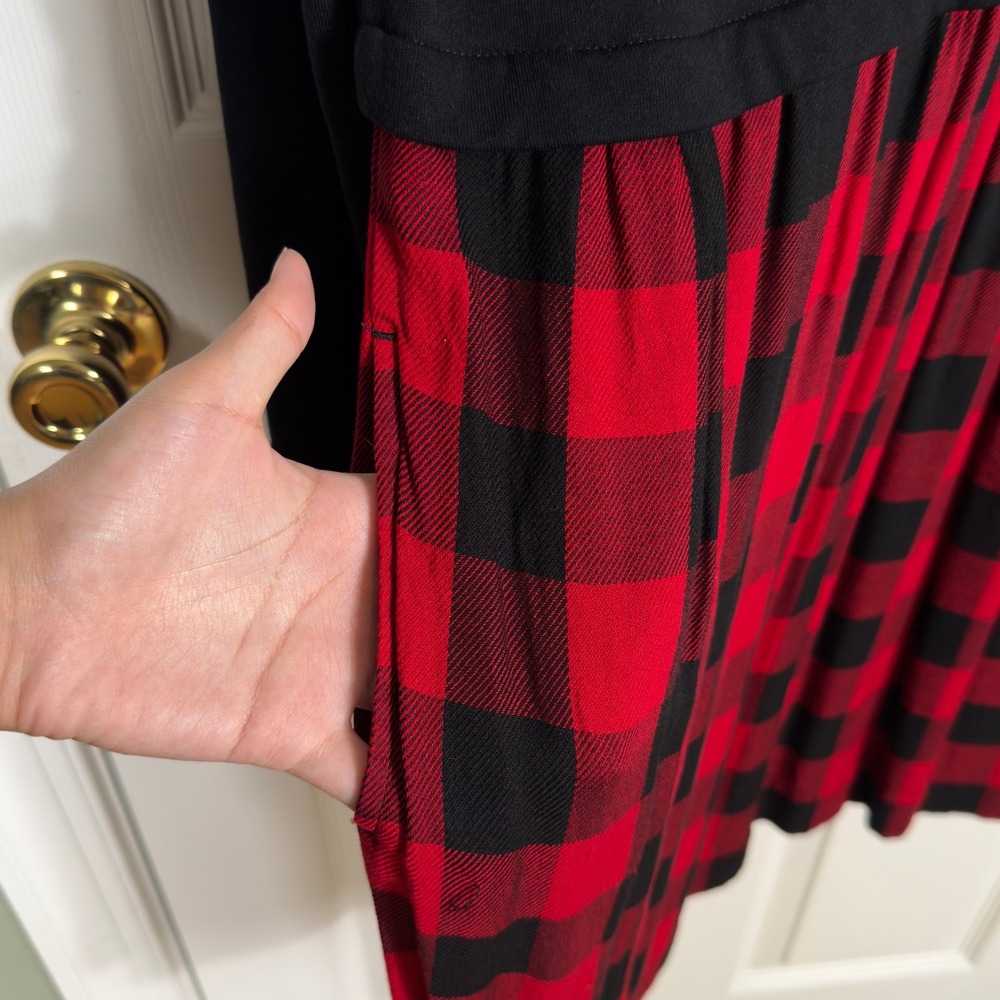 J. Jill Plaid Skirt Dress Women Small Black Red Buffalo Check Pocket Mixed Media - Picture 4 of 13